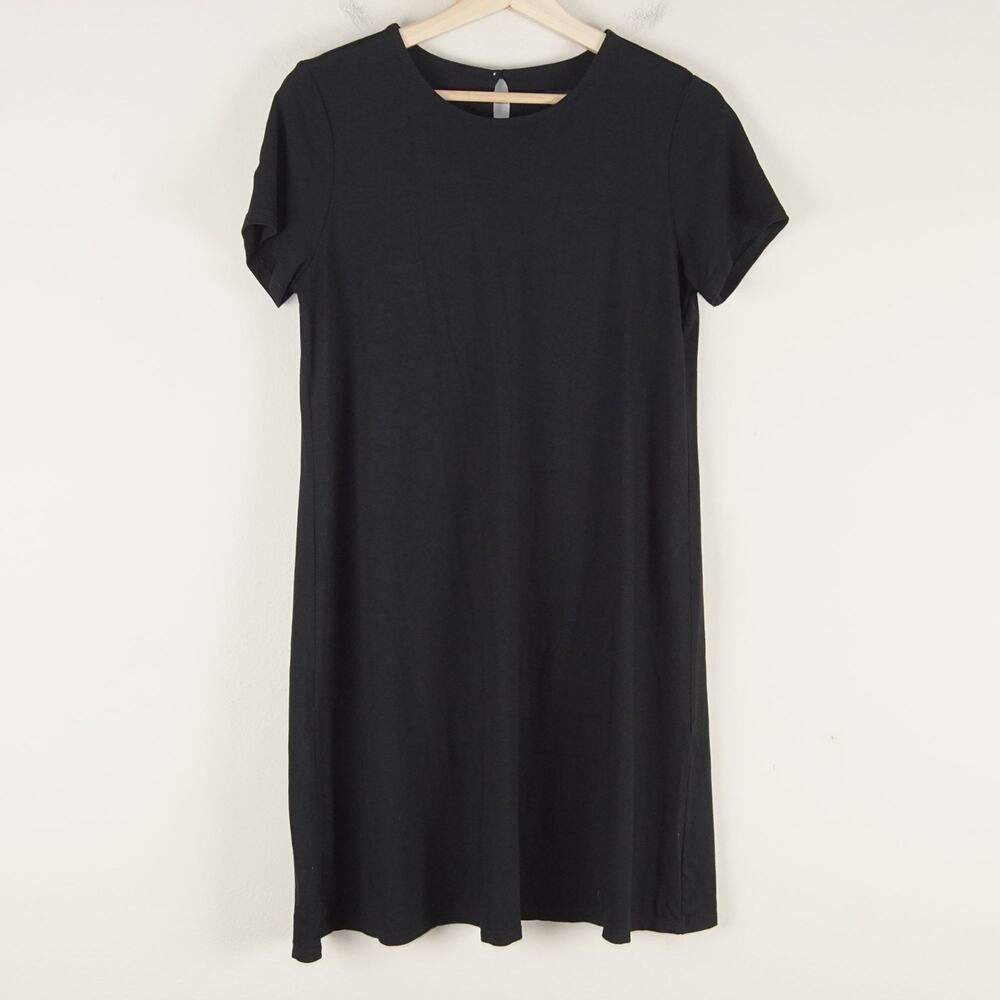 J Jill Wearever Black Knit Cap Sleeve Back Keyhole Knee Length Dress Sz S Petite